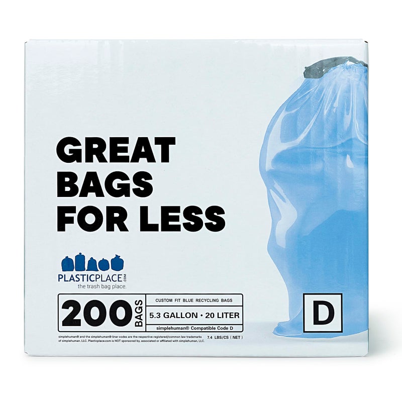 Plasticplace Custom Fit Trash Bags Compatible with simplehuman Code D 200 Count Tinted Blue Drawstring Garbage Liners 52 Gallon 20 Liter 1575 x 28